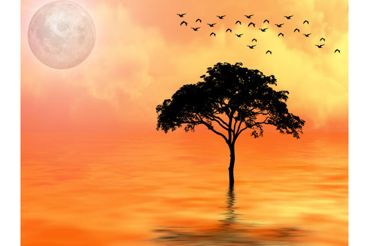 Fantasy Planet Orange Sunset Tree Canvas Art Wall Picture Or Gloss Print