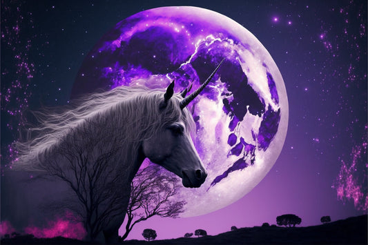 Fantasy Purple Moon Unicorn Space Canvas Art Wall Picture