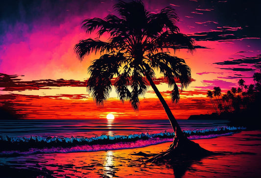 Fantasy Purple Orange Sunset Beach Palm Tree Canvas Art Wall Picture