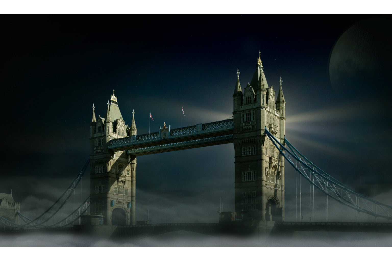 Fantasy Tower Bridge Moon City Fog Canvas Art Wall Picture Or Gloss Print