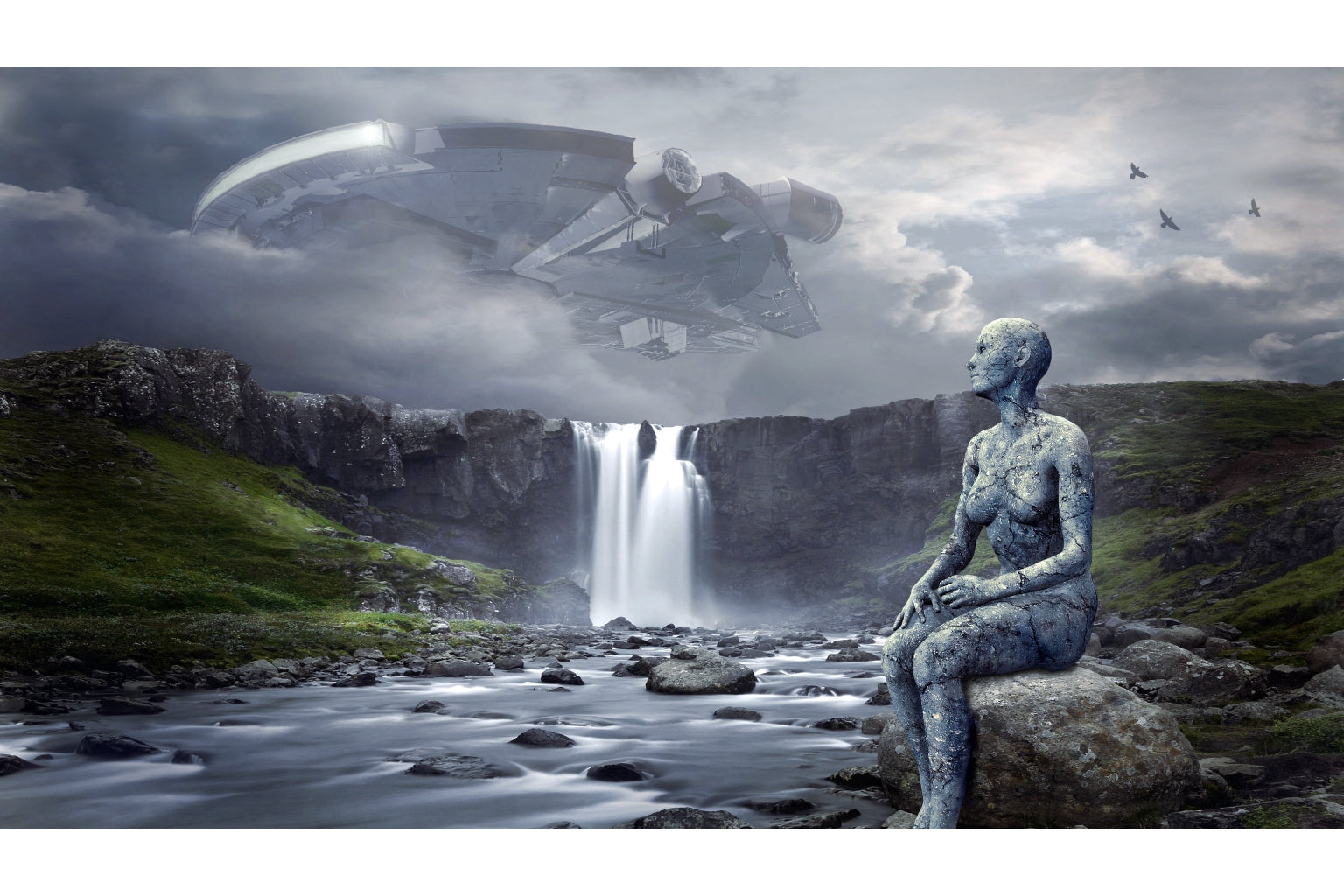 Fantasy Ufo Green Waterfall Spaceship Canvas Art Wall Picture Or Gloss Print