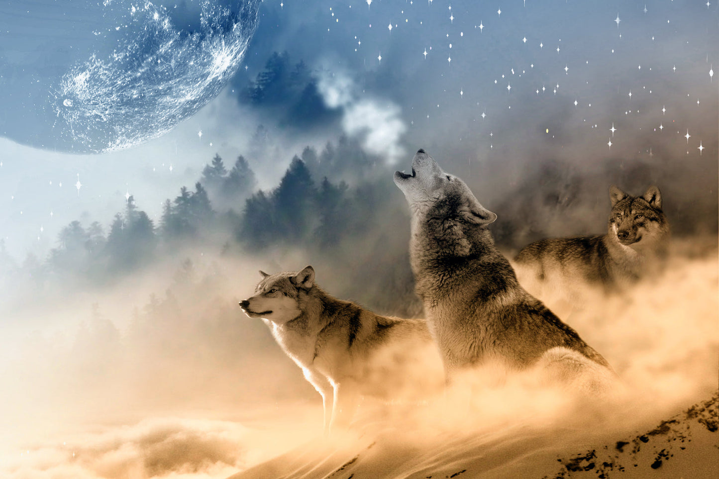 Fantasy Wolves Blue Planet Animal Canvas Art Wall Picture Or Gloss Print