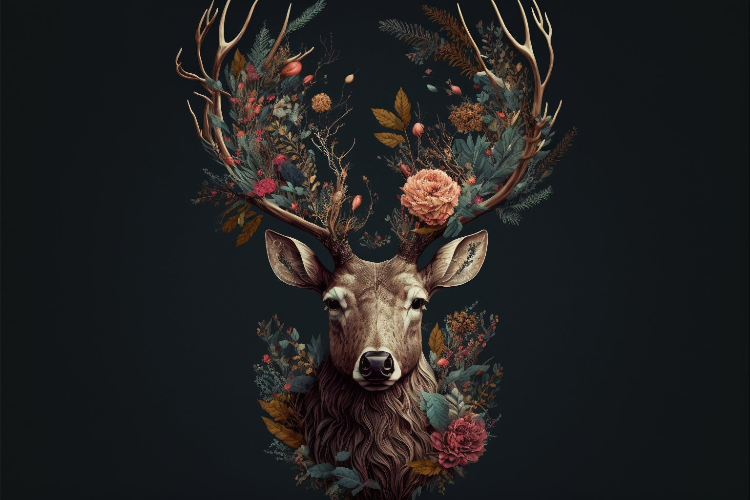 Floral Deer Head Abstract Canvas Art Wall Picture