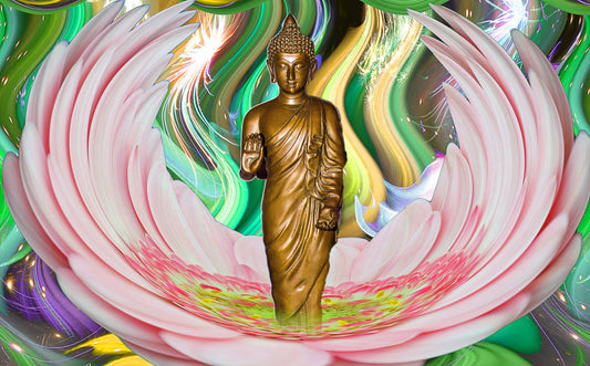 Gold Buddha Statue Pink Flower Green Canvas Art Wall Picture