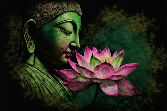 Green Buddha Pink Lotus Flower Abstract Canvas Art Wall Picture