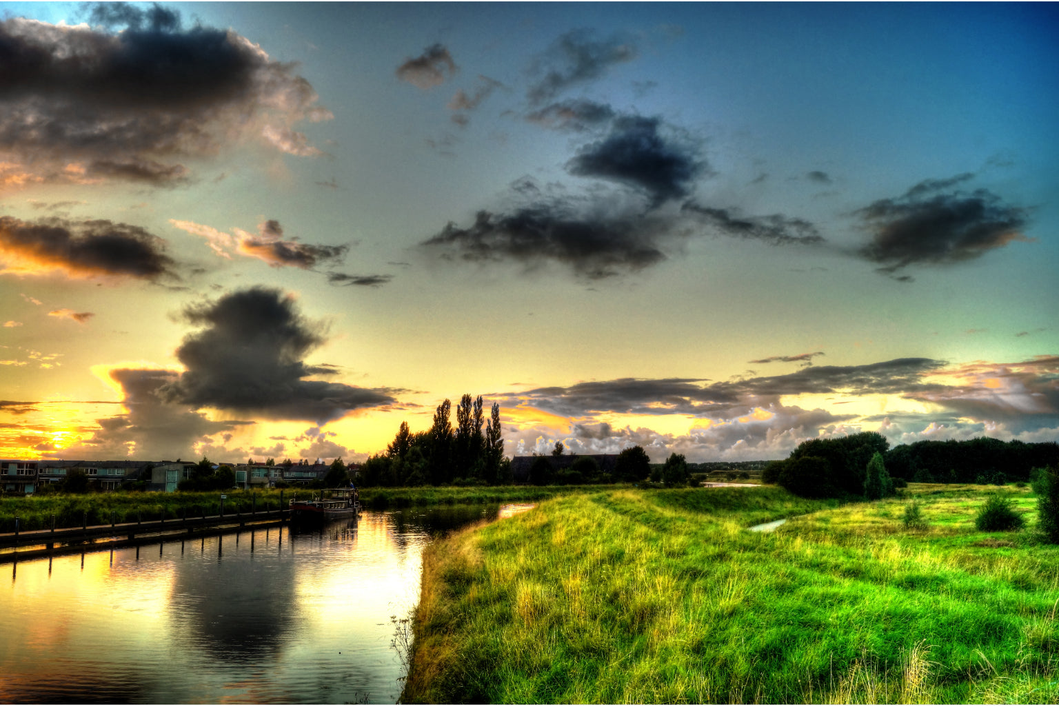 Green Canal Storm Clouds Landscape Canvas Art Wall Picture Or Gloss Print