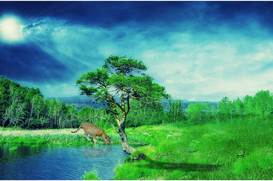 Green Cheetah Blue Landscape Trees Woods Canvas Art Wall Picture Or Gloss Print