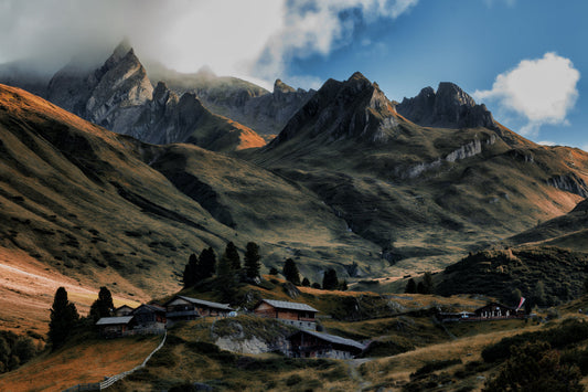 Green Grass Cloudy Sky Mountains Canvas Art Wall Picture Or Gloss Print