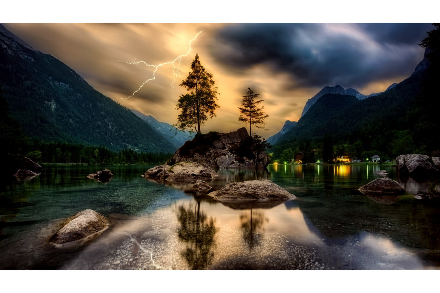 Green Lake Sunset Lightning Storm Canvas Art Wall Picture Or Gloss Print