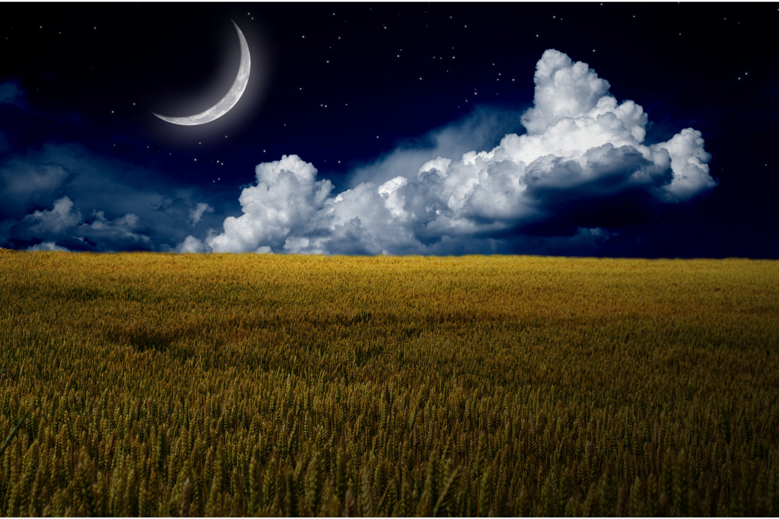 Green Wheat Field Blue Sky Clouds Moon Canvas Art Wall Picture Or Gloss Print