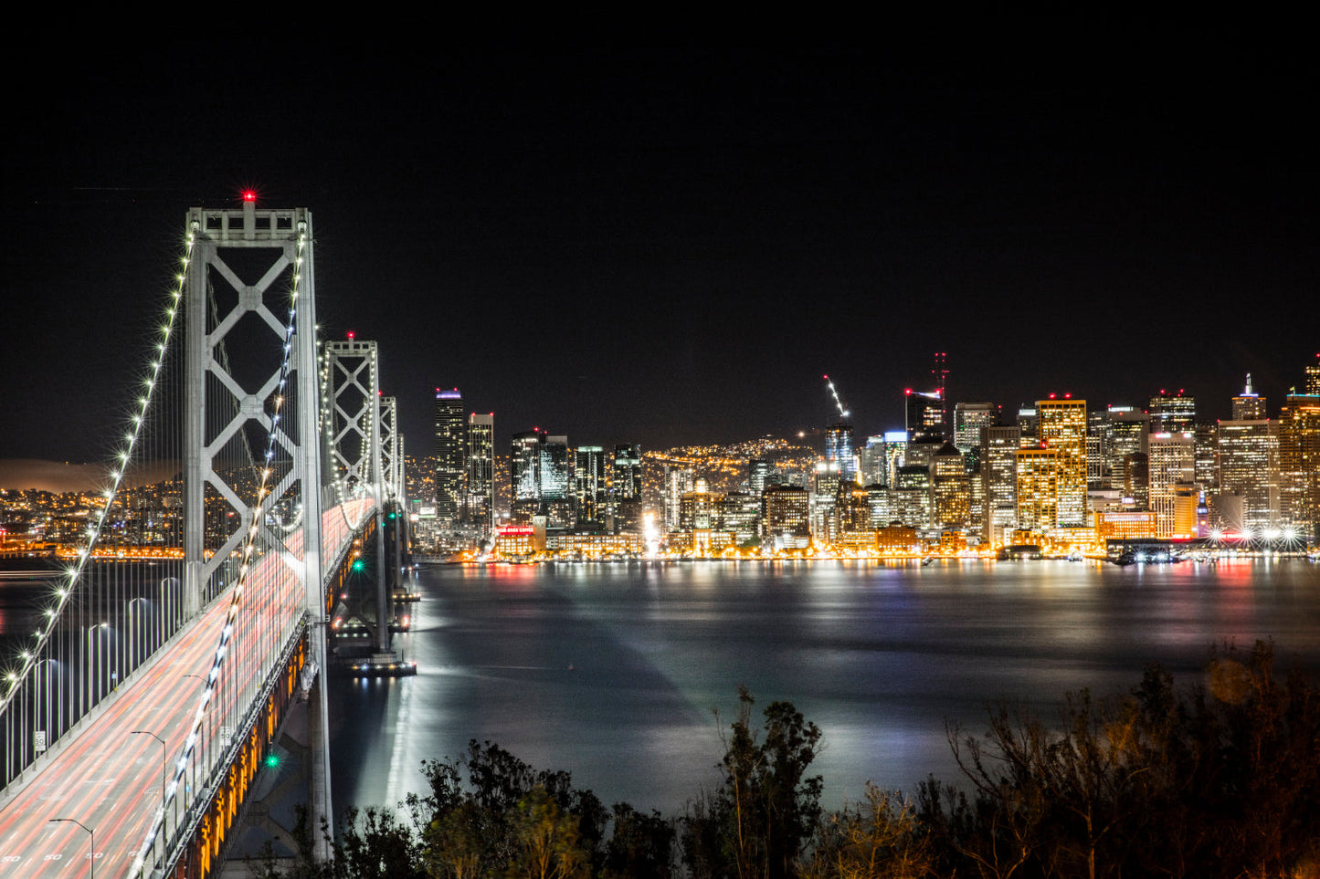 Grey Black City Night Lights Bridge Cityscape Canvas Art Wall Picture