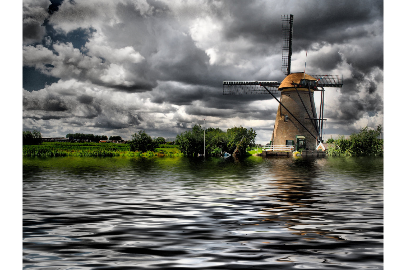 Grey Clouds Windmill Landscape Lake Canvas Art Wall Picture Or Gloss Print