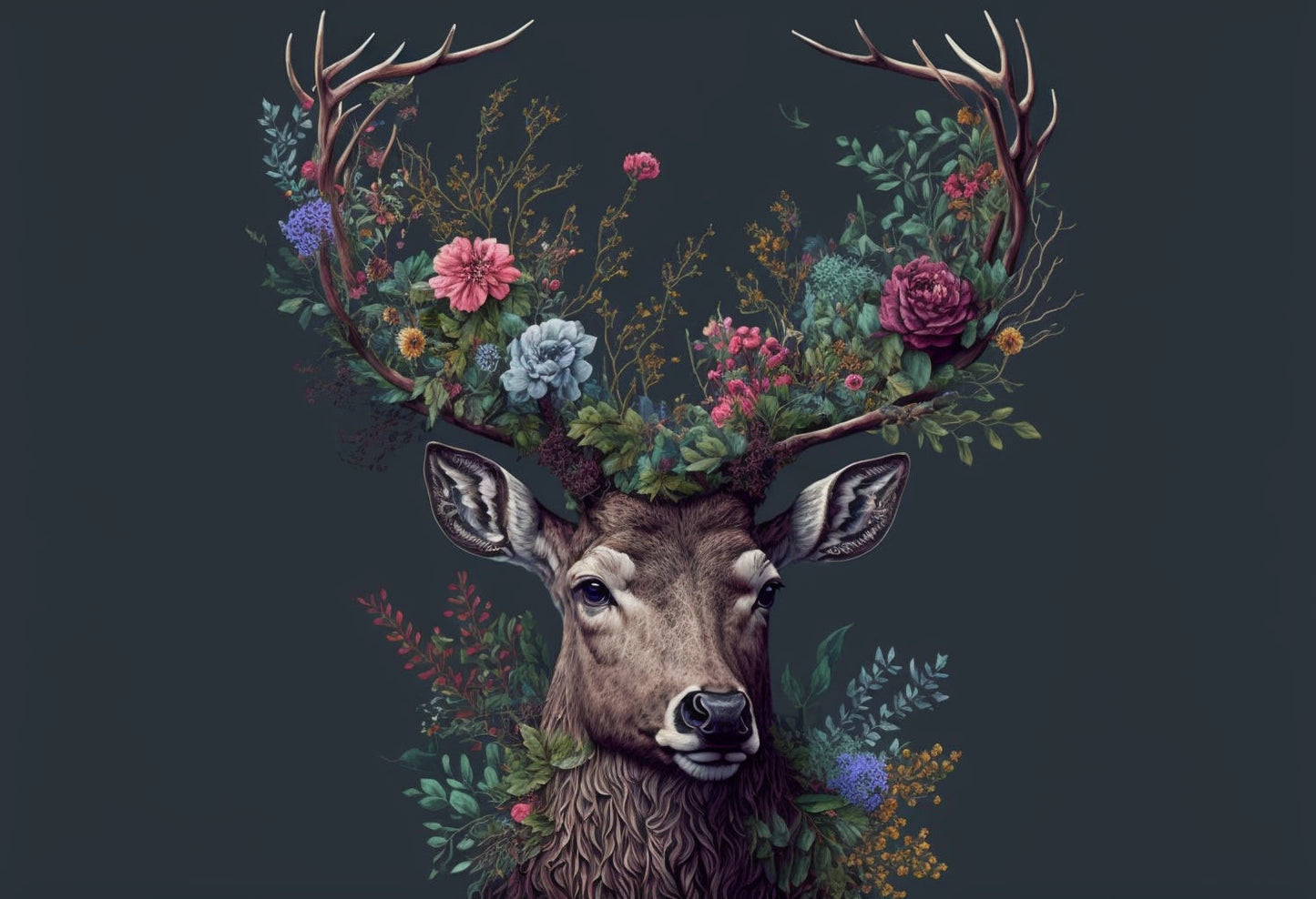 Grey Floral Deer Head Abstract Canvas Art Wall Picture