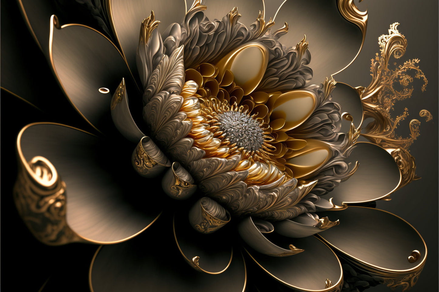 Grey Gold Abstract Flower Canvas Art Wall Picture