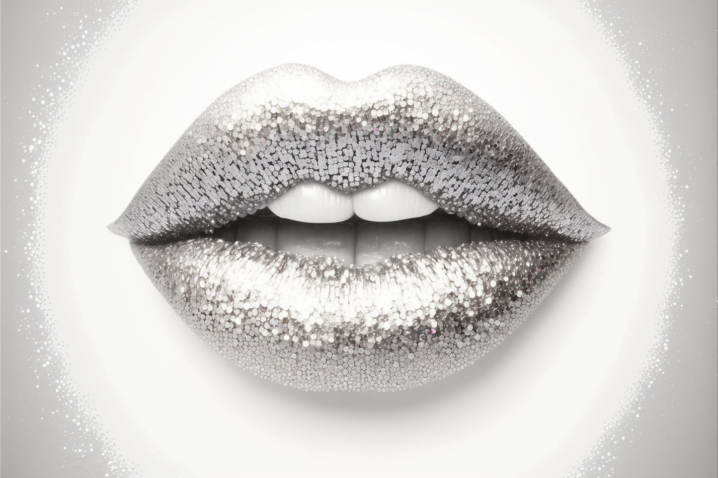 Grey Silver Glitter Abstract Lips Canvas Art Wall Picture