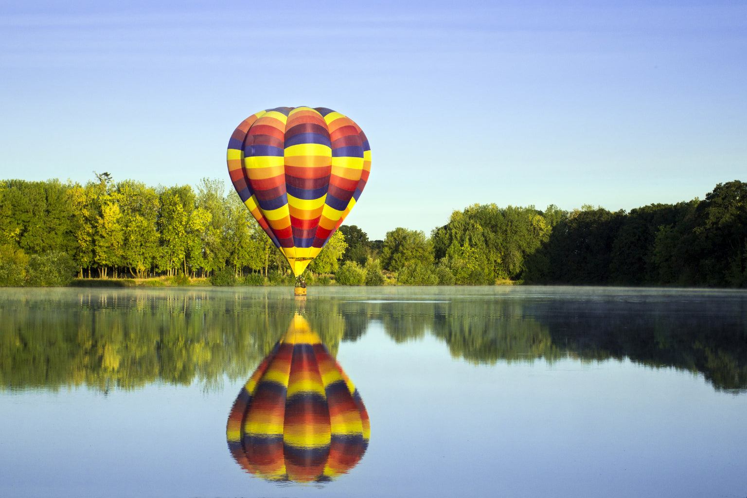 Hot Air Balloon Lake Green Trees Canvas Art Wall Picture Or Gloss Print