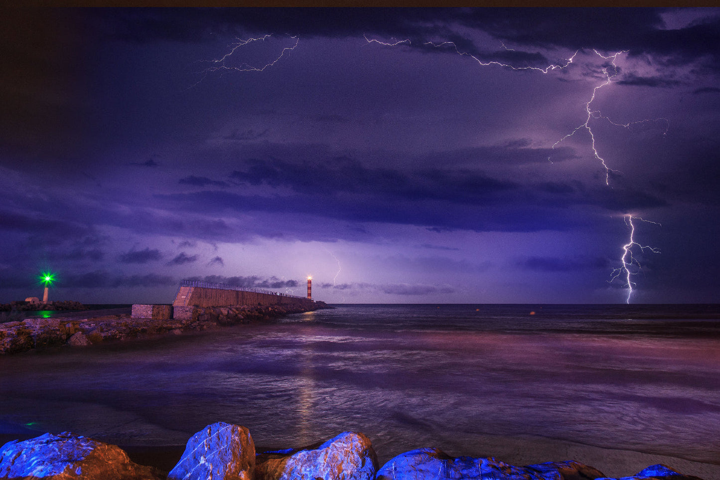 Lightning Storm Sea Beach Purple Landscape Canvas Art Wall Picture Or Gloss Print