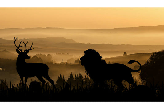 Lion Deer Cream Sunset Landscape Canvas Art Wall Picture Or Gloss Print