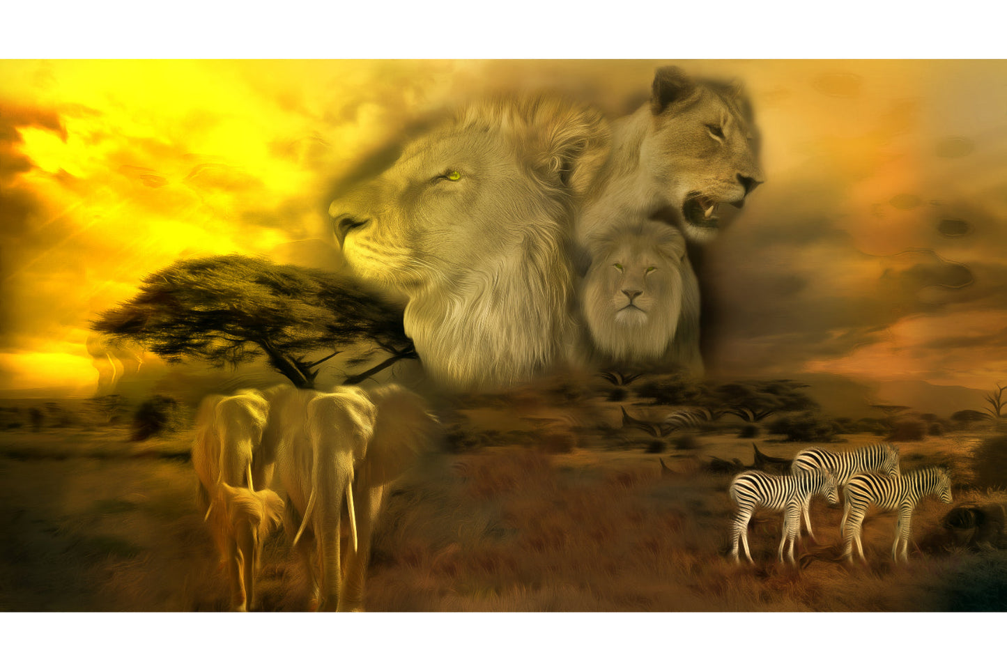 Lions Elephants Zebras Yellow Canvas Art Wall Picture Or Gloss Print