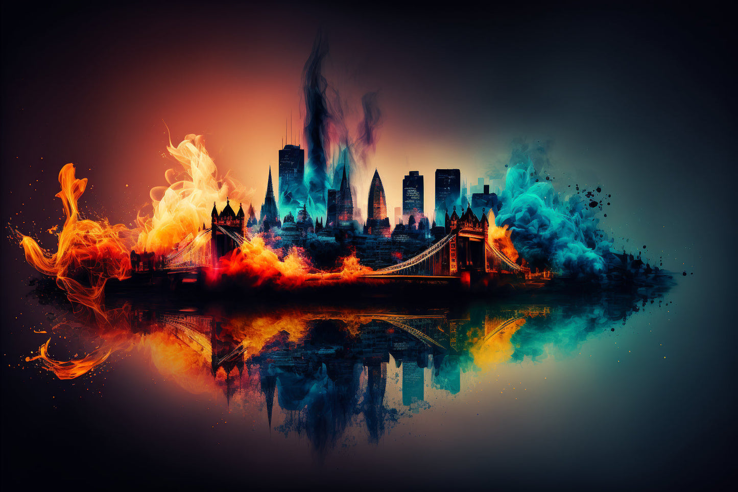 London City Colourful Flames Blue Canvas Art Wall Picture