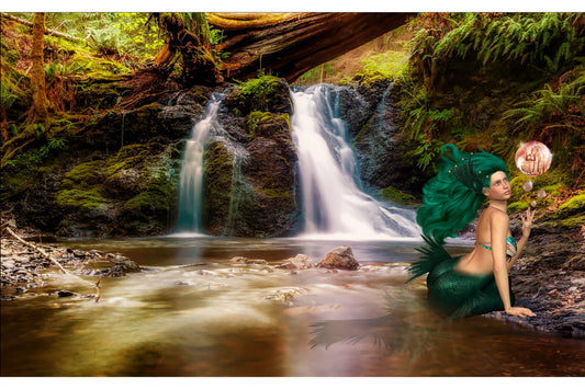 Mermaid Fantasy Green Waterfall Canvas Art Wall Picture Or Gloss Print