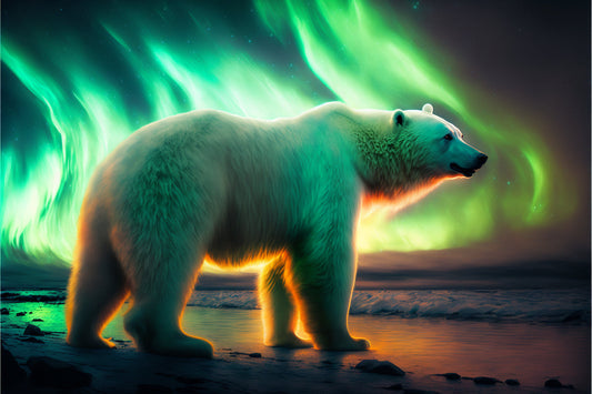 Northern Lights Polar Bear Green Canvas Art Wall Picture