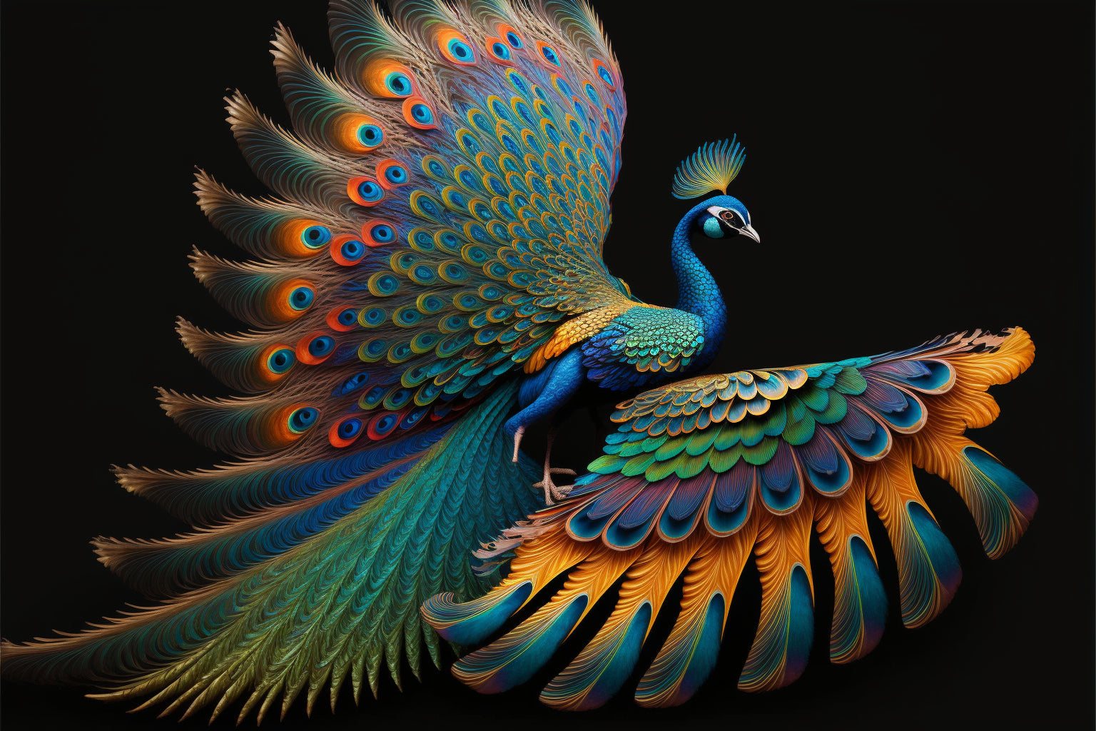 Open Peacock Feathers Teal Blue Green Orange Canvas Art Wall Picture