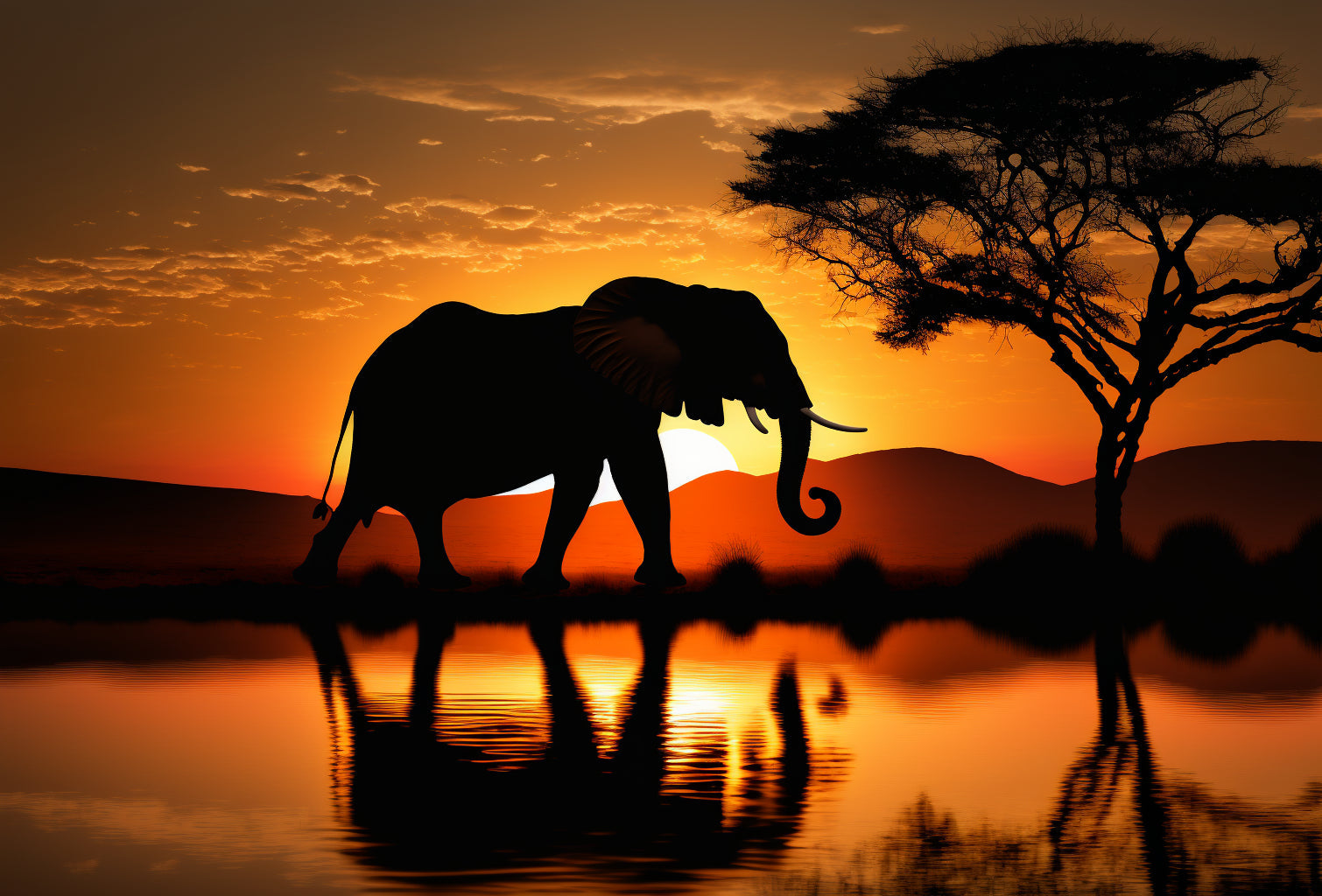 Orange Elephant Sunset Tree Canvas Art Wall Picture