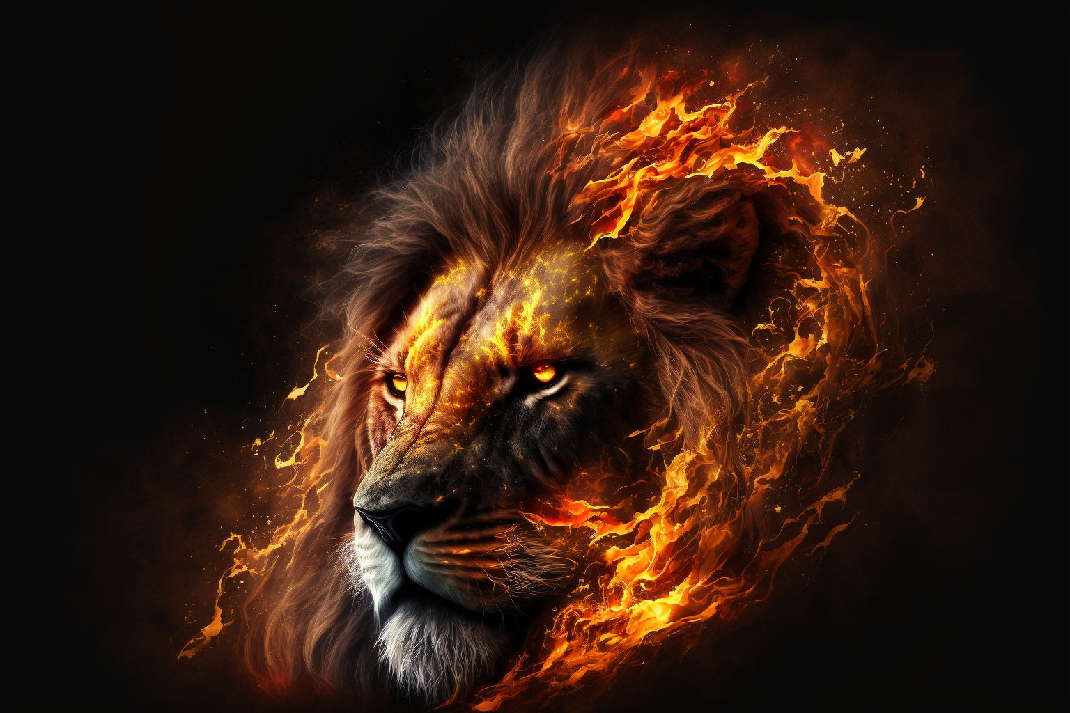 Orange Fire Abstract Lion Face Canvas Art Wall Picture