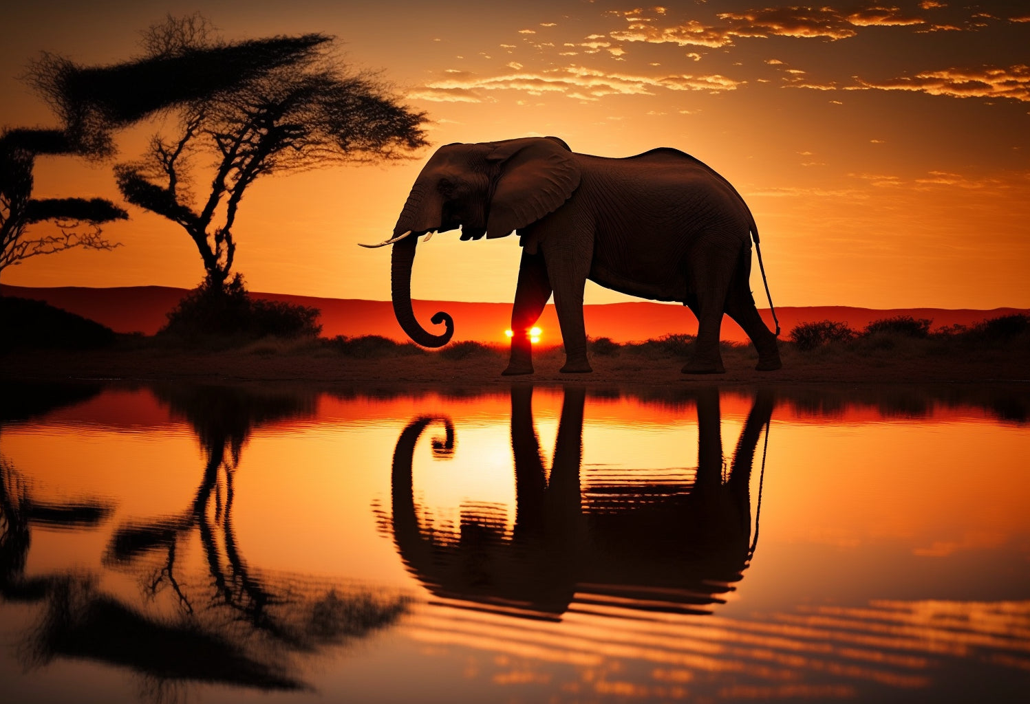 Orange Sunset Elephant Reflection Canvas Art Wall Picture