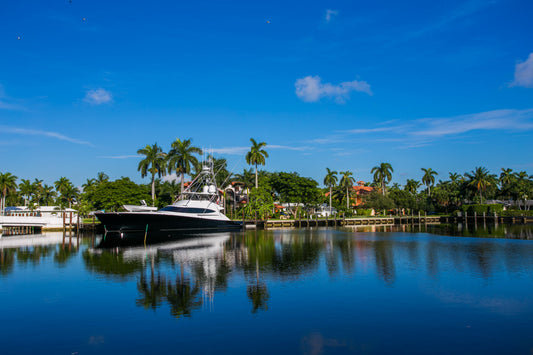 Palm Tree Lake Boat Blue Landscape Canvas Art Wall Picture Or Gloss Print