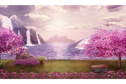 Pink Blossom Water Mountains Canvas Art Wall Picture Or Gloss Print