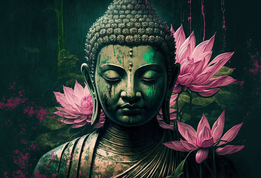 Pink Lotus Flower Green Buddha Abstract Canvas Art Wall Picture