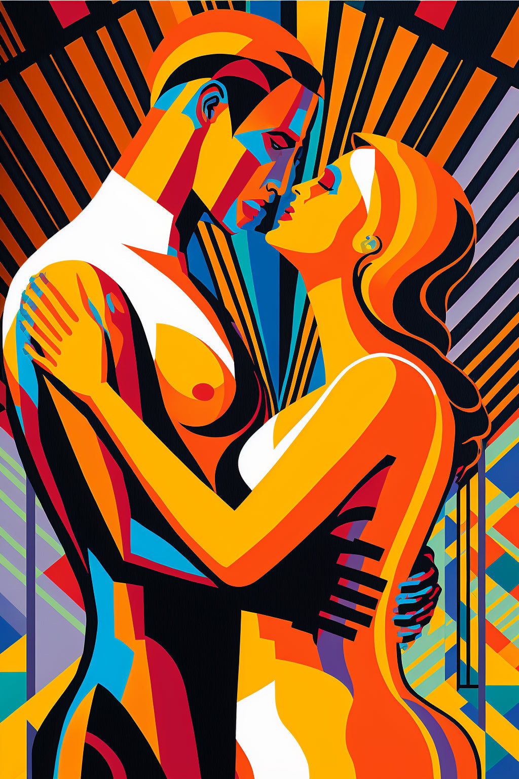 Pop Art Art Deco Lovers Orange Colourful Canvas Art Wall Picture