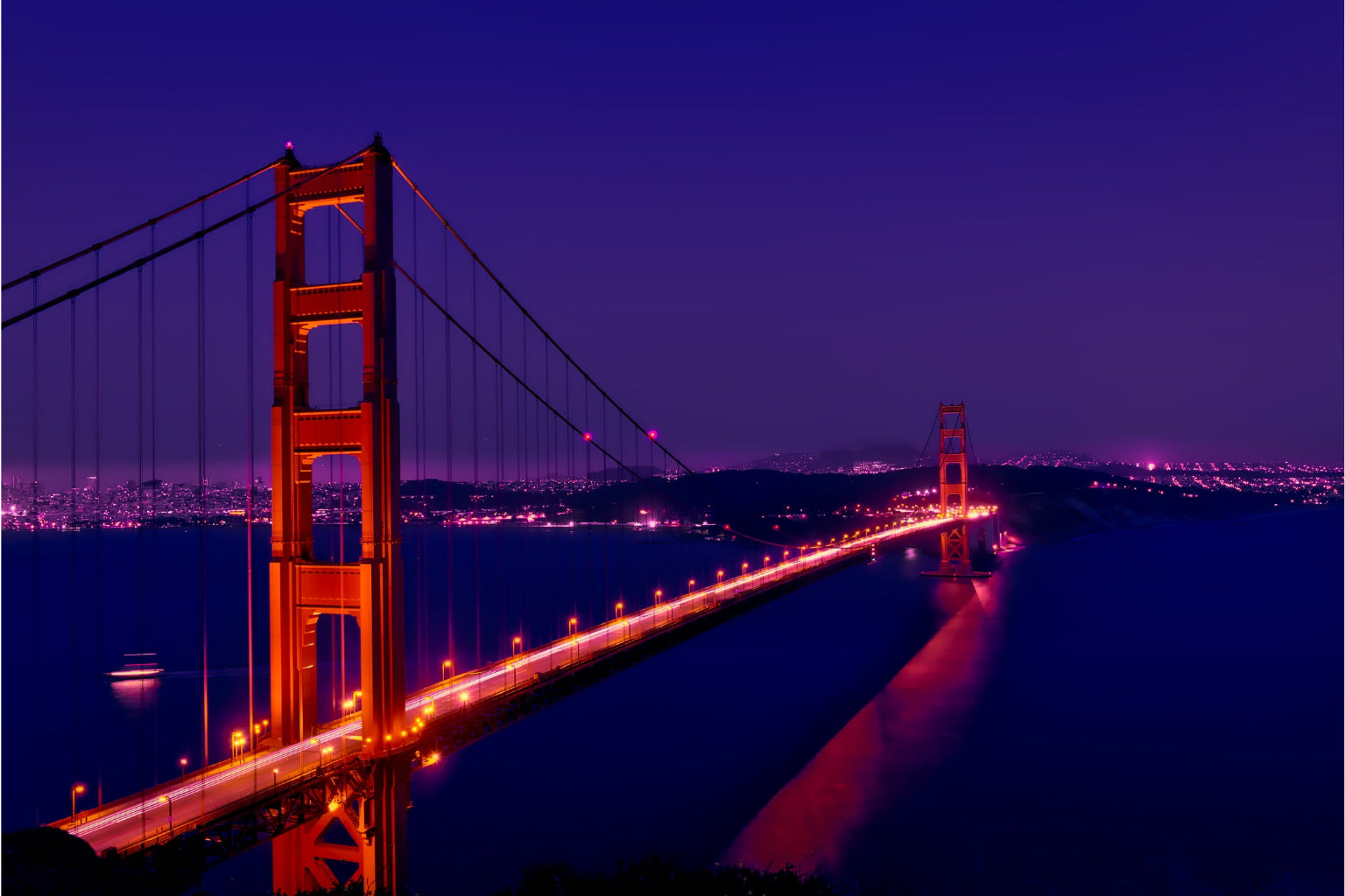 Purple Blue City Bridge Lights Cityscape Canvas Art Wall Picture Or Gloss Print