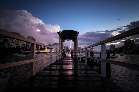 Purple Blue Lightning City Bridge Lights Canvas Art Wall Picture Or Gloss Print