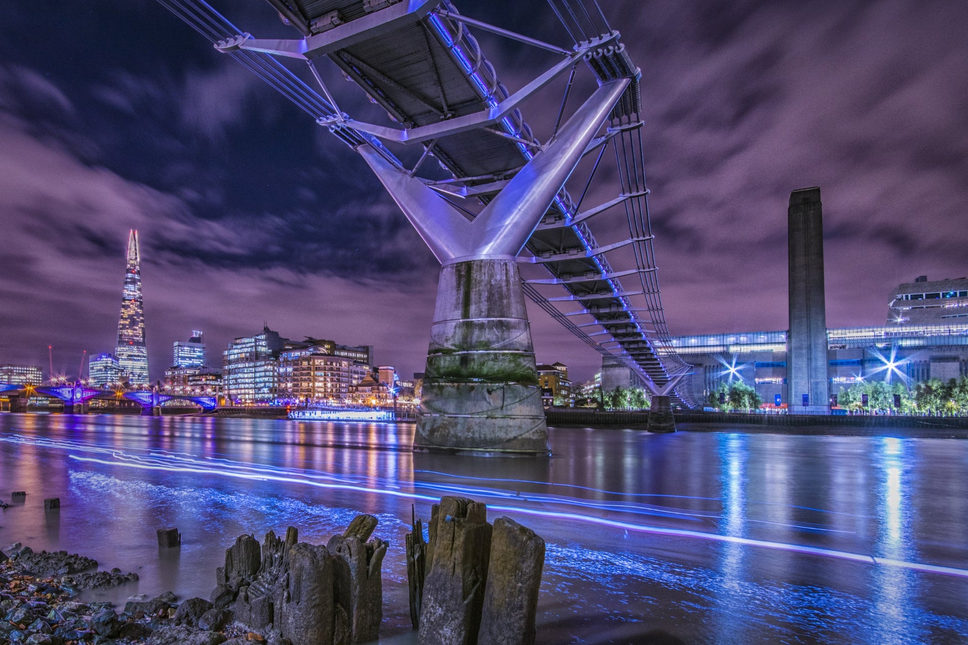 Purple City Bridge Cityscape Night Lights Canvas Art Wall Picture Or Gloss Print