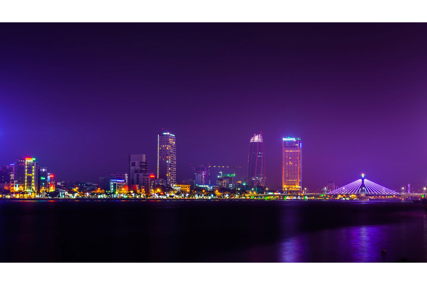 Purple City Night Lights Cityscape Water Canvas Art Wall Picture Or Gloss Print