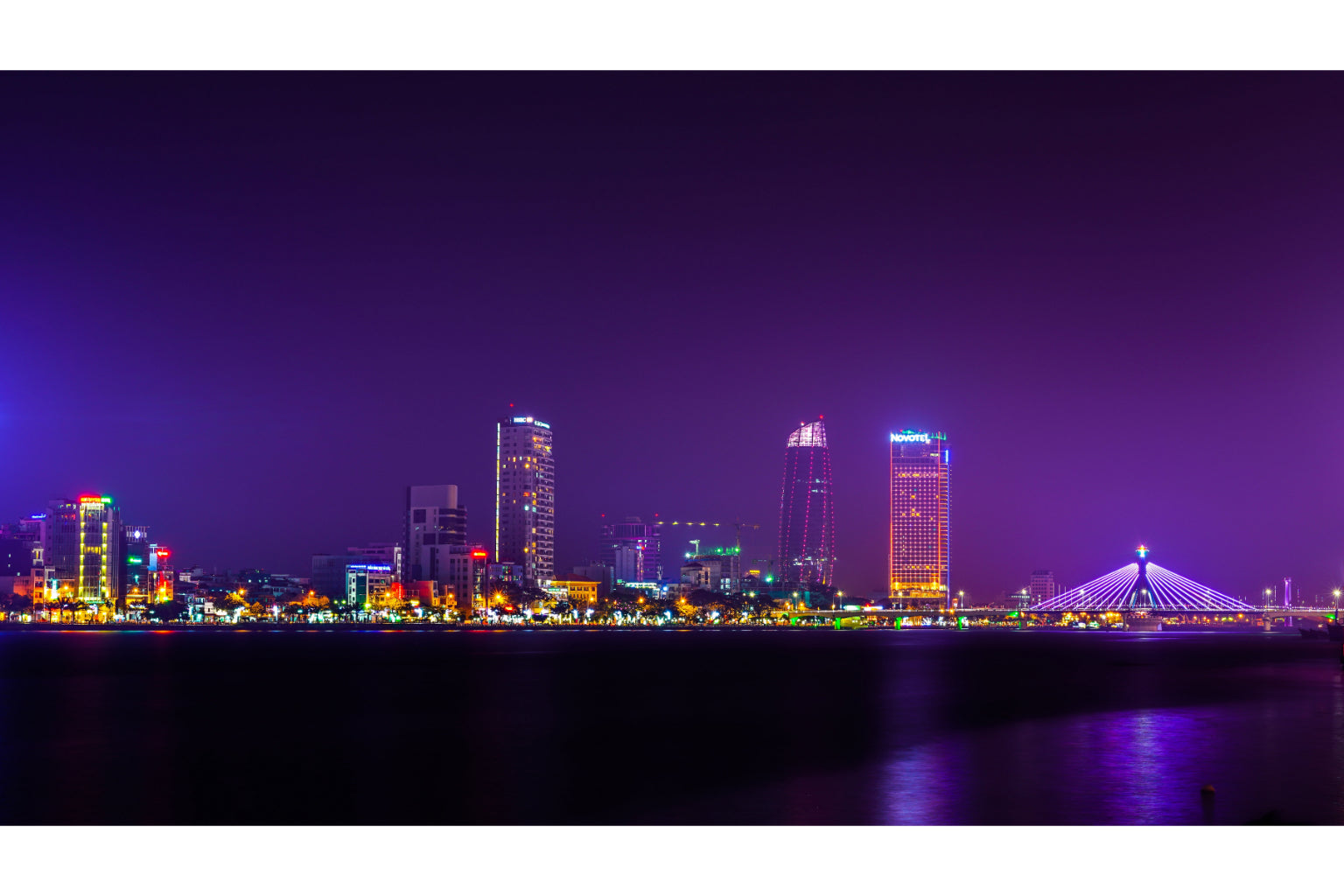 Purple City Night Lights Cityscape Water Canvas Art Wall Picture Or Gloss Print