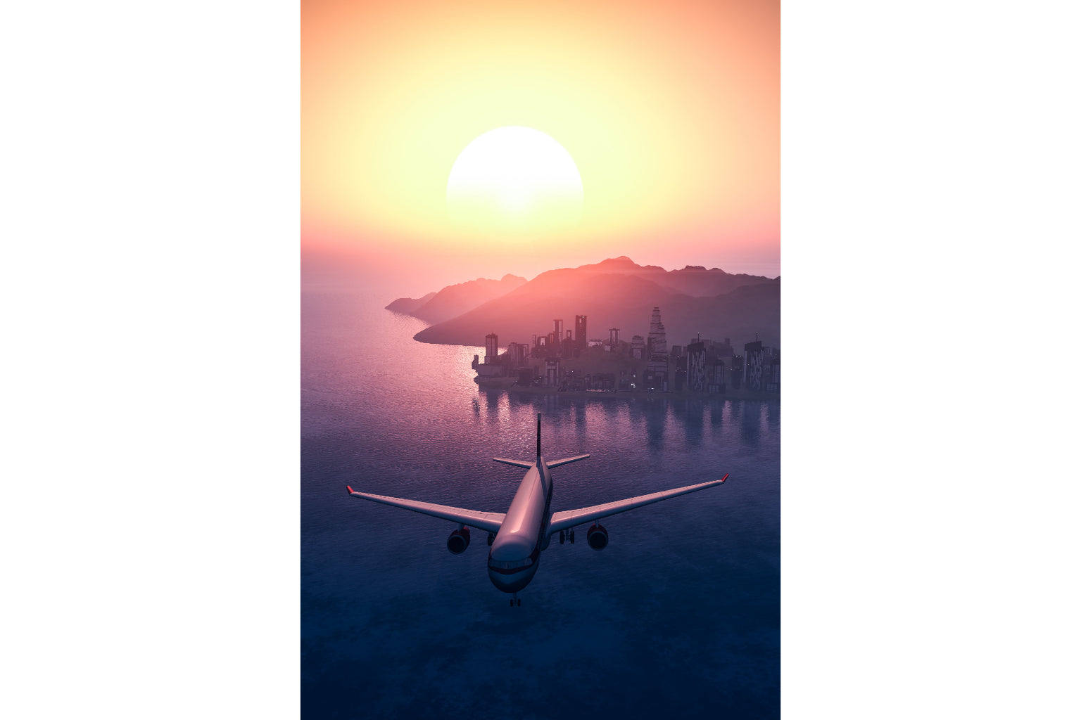 Purple Orange Sunset Sunrise Airplane City Canvas Art Wall Picture Or Gloss Print