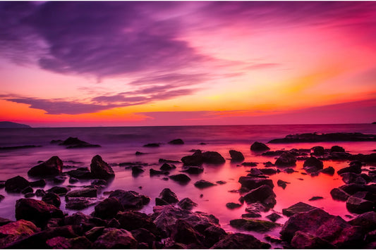 Purple Sunset Rocky Beach Sea Canvas Art Wall Picture Or Gloss Print