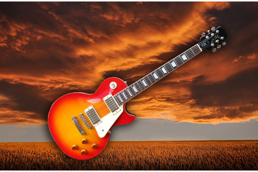 Red Orange Guitar Landscape Music Canvas Art Wall Picture Or Gloss Print