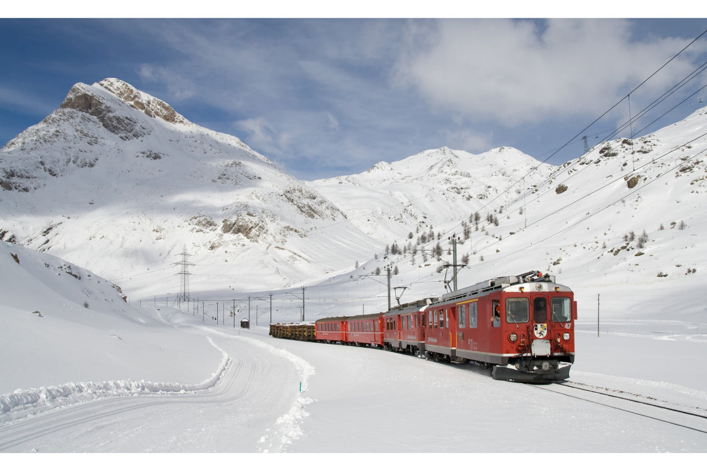 Red Railway Train Snow Mountains Canvas Art Wall Picture Or Gloss Print