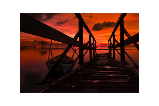 Red Sunset Bridge Water Boat Canvas Art Wall Picture Or Gloss Print