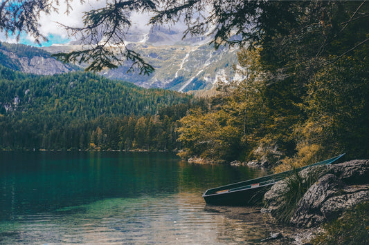 Snow Mountain Boat Lake Landscape Canvas Art Wall Picture Or Gloss Print