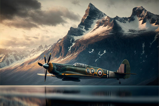 Spitfire Airplane Mountain Landscape Canvas Art Wall Picture