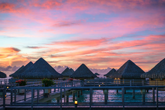 Sunset Sea Huts Landscape Pink Canvas Art Wall Picture Or Gloss Print