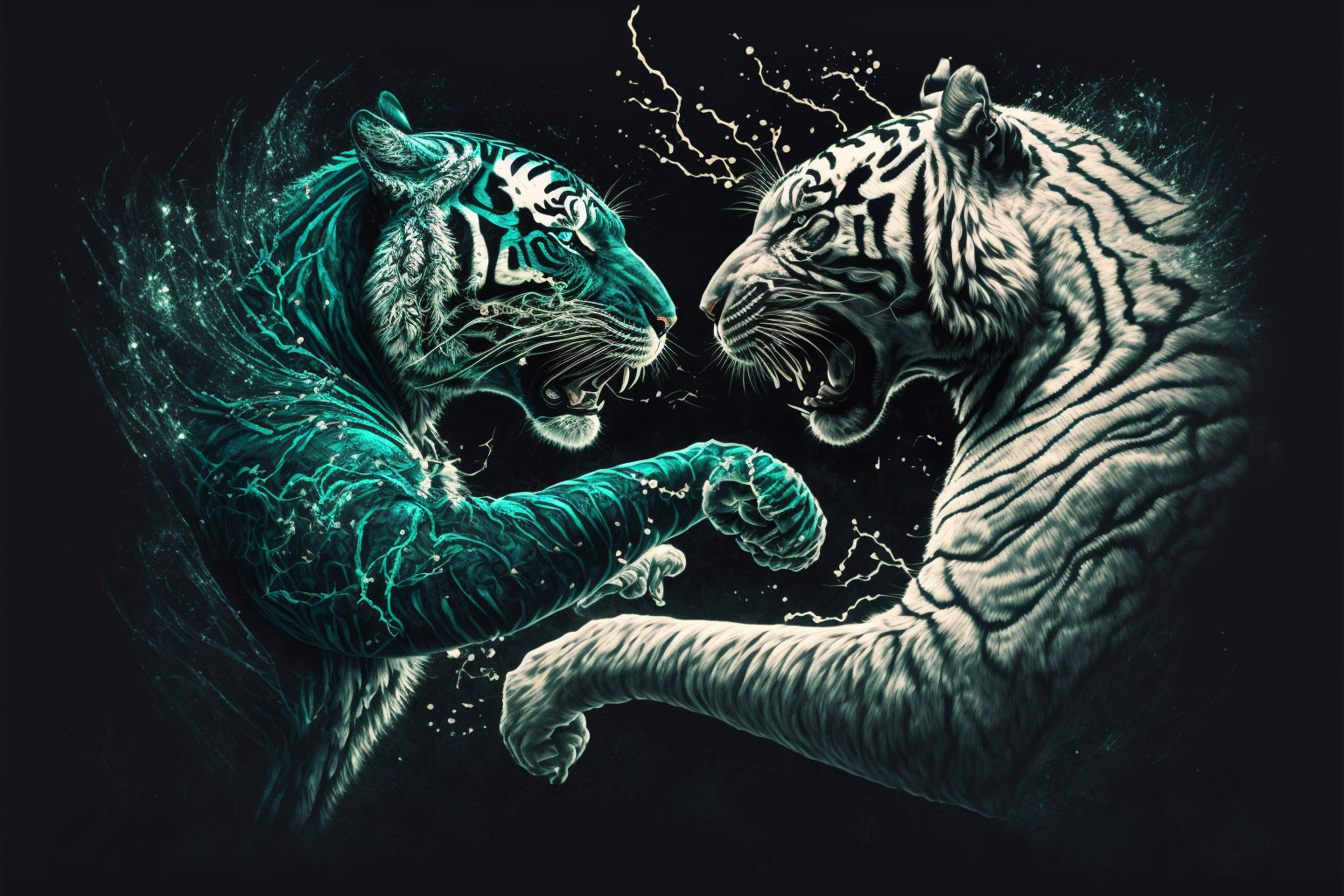 Teal Blue Abstract White Tiger Fight Canvas Art Wall Picture