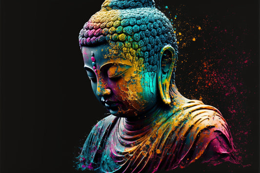 Teal Blue Colourful Buddha Purple Canvas Art Wall Picture