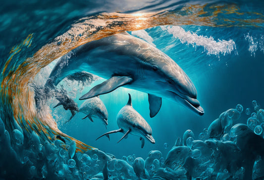 Teal Blue Dolphins Sea Canvas Art Wall Picture